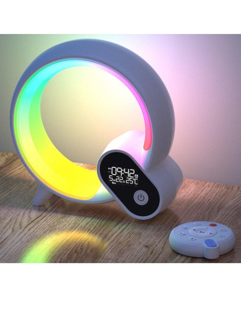 جينيكست مصباح Q مع شاحن لاسلكي ، مصباح شاحن لاسلكي ، إضاءة محيطة متغيرة اللون RGB ، ضوء ليلي قابل للتعتيم مع مصباح طاولة مزامنة الموسيقى ، مكبر صوت Bluetoothh ضوء مزاجي ذكي للغرفة - Image 1