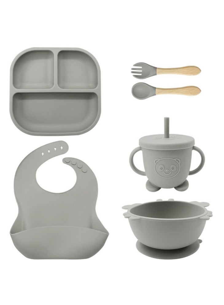 WAOKN 6Pcs Baby Silicone Tableware Set Special For Infants To Eat Their Own Training Tableware Set Including Complementary Food Bowl Sippy Cup Dinner Plate Bib Fork And Spoon(Grey) 
