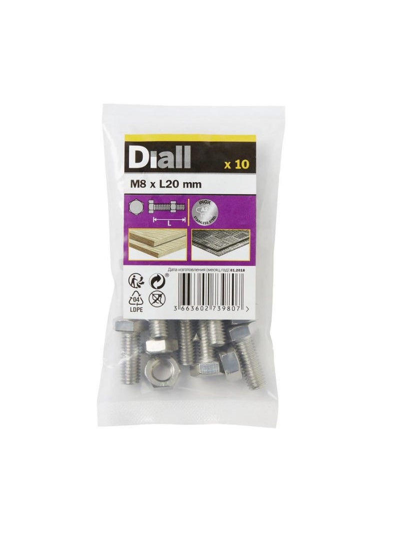 ACE Diall Stainless Steel Hex Nut And Bolt Pack M8 x 20mm 10Pcs 