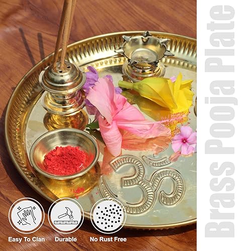 Pure Source India مجموعة طبق بوجا من النحاس الهندي النقي مكونة من 6 قطع للمعابد، بوجا ديوالي، المناسبات الدينية/هدية روحية (تصميم أوم) (9 إنش) (230 جرام) - Image 5