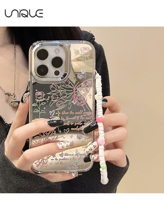 Compatible with iPhone 16 Pro Cases - Butterfly Pattern Cases - Rose Pattern Phone Case - Mirror Cases - TPU Drop Protection - With Lanyard - view 2