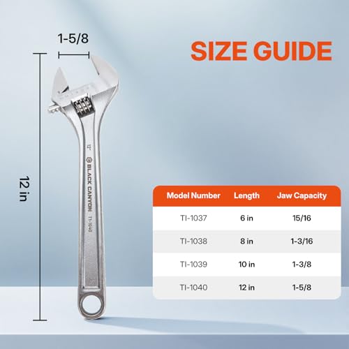 BLACK CANYON Adjustable Wrench 12 Inch, Wide Jaw Spanner with Imperial and Metric, Premium Chrome Forged Steel for Automotive Plumbing, Household Repairs and DIY - Image 3