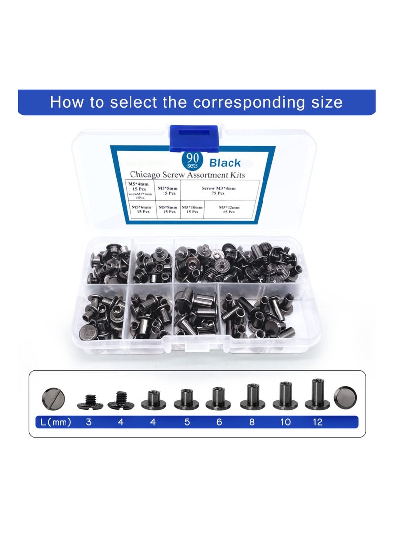 KASTWAVE 90 Sets Screws Assorted Kit, 6 Sizes of Round Flat Head Leather Rivets Metal Screw Studs for DIY Leather Craft and Bookbinding (M5 X 4, 5, 6, 8, 10, 12) (Black) - Image 2