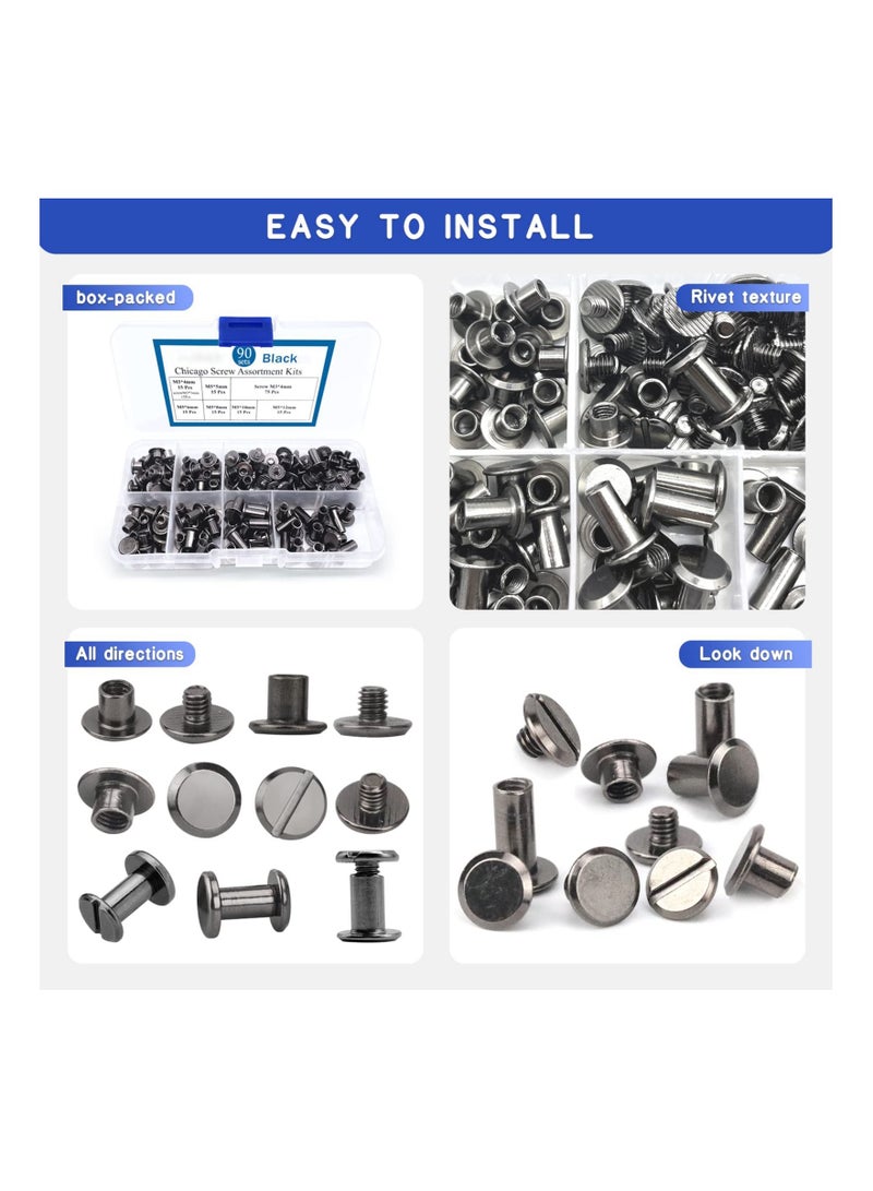 KASTWAVE 90 Sets Screws Assorted Kit, 6 Sizes of Round Flat Head Leather Rivets Metal Screw Studs for DIY Leather Craft and Bookbinding (M5 X 4, 5, 6, 8, 10, 12) (Black) - Image 4