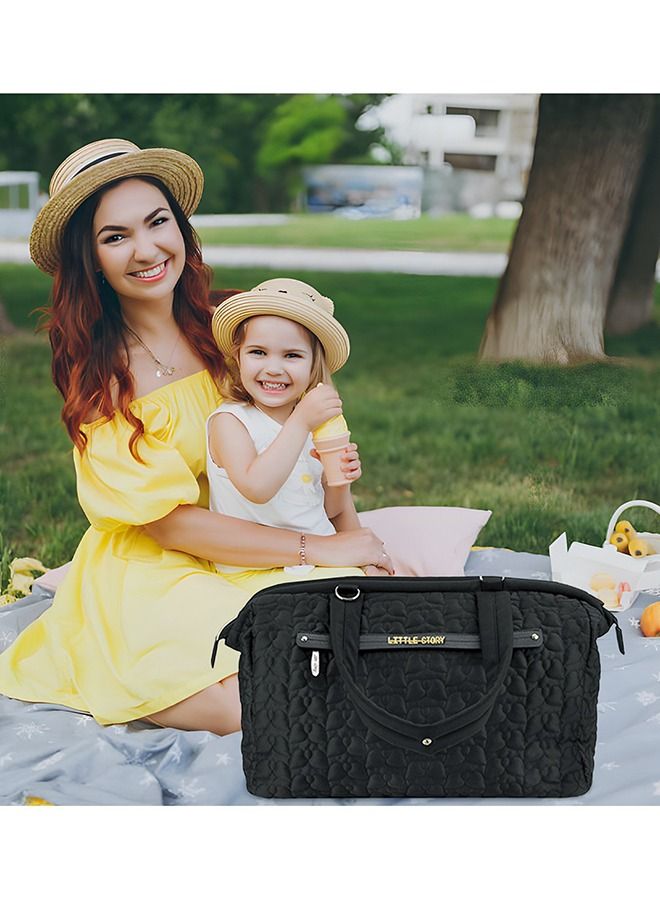 Comfortable And Durable Quilted Baby Diaper Bag With Shoulder Strap - Black