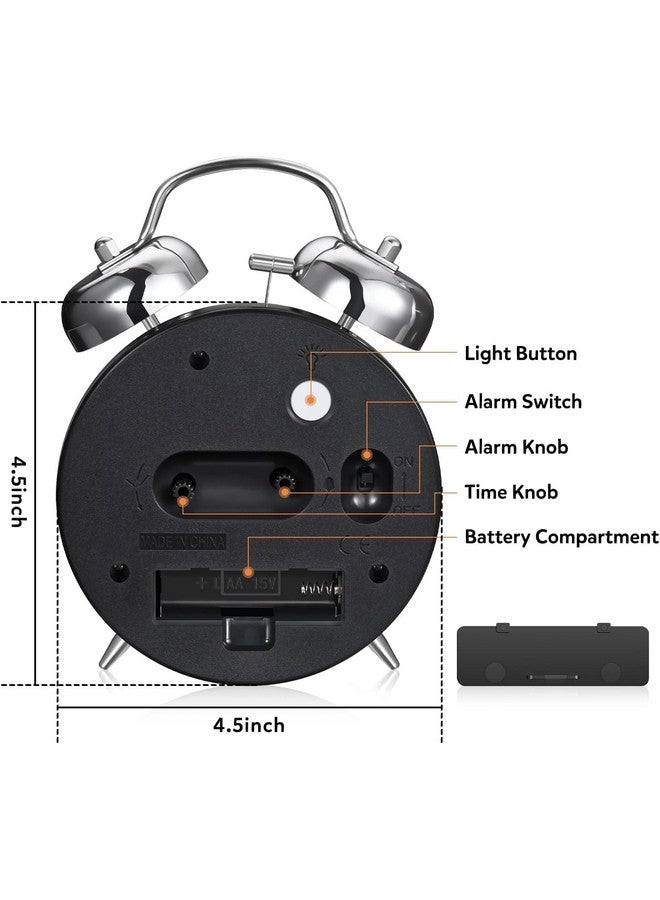 RUCON® Table Clock Alarm Super Loud for Heavy Sleepers Retro Twin Bell Metal Frame Clock with Night Backlight Function Bedside Luminous Alarm for Bedroom/Office (Metal Silver 4 inches) - Image 3