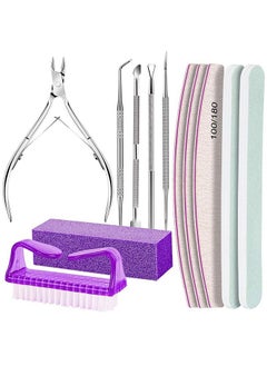 HS 12 PCS Nail Files And Buffer Block Set, Cuticle Nippers with 100/180 Emery Boards Nail Buffer Kit, Pusher Toenail Lifter Peeler Scraper Nail Brush, For Manicure And Pedicure Tools (Purple)  - Image 1