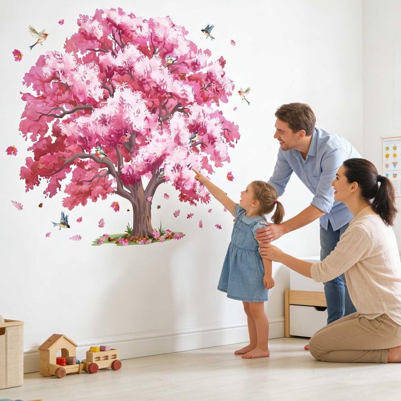 ARS Pink Tree Wall Decals for Girls: Cherry Blossom Girls Room Bedroom Living Room Nursery Wall Stickers Peel and Stick Vinyl Decor - Image 2