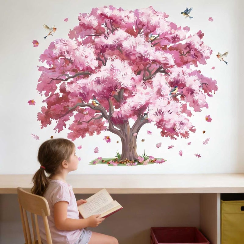 ARS Pink Tree Wall Decals for Girls: Cherry Blossom Girls Room Bedroom Living Room Nursery Wall Stickers Peel and Stick Vinyl Decor - Image 1