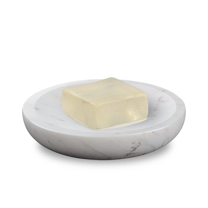 WORHE Marble Soap Dish Italy Natural Stone Sponge Holder for Bathroom Tub Shower Kitchen Sink Handcraft Round Soap Case Organizer Trinket Plate Jewelry Tray Coaster for Home Decor White DL008