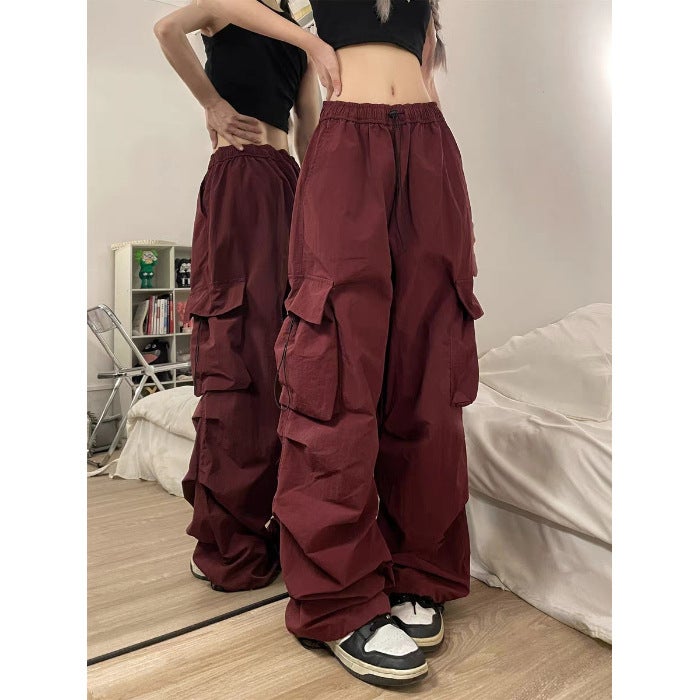 Autumn and Winter New Wide Leg Pants Womens Design Sense Niche Loose Meat Covering Slimming High Street Multi-Pocket Straight Overalls Wine red - Image 1