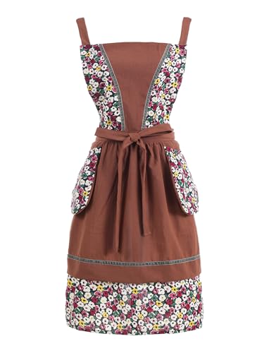 Pinknoke Kitchen Aprons for Women with Pockets Cute Floral Chef Pinafore Apron for Gardening Cooking Baking Painting (Brown) - Image 1