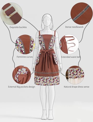Pinknoke Kitchen Aprons for Women with Pockets Cute Floral Chef Pinafore Apron for Gardening Cooking Baking Painting (Brown) - Image 4