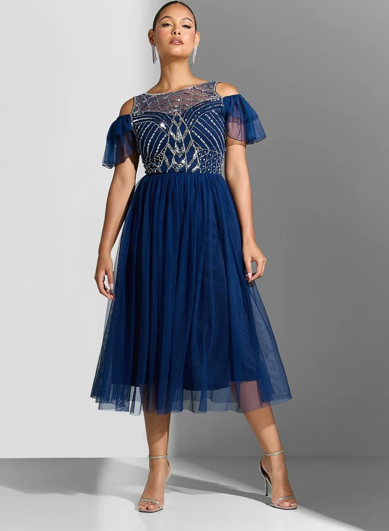Amelia Rose Cold Shoulder Embellished Tiered Dress