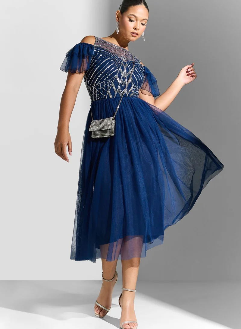 Amelia Rose Cold Shoulder Embellished Tiered Dress