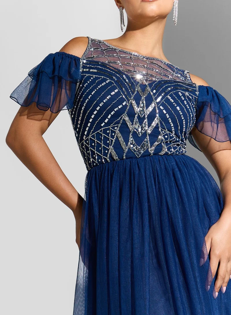 Amelia Rose Cold Shoulder Embellished Tiered Dress