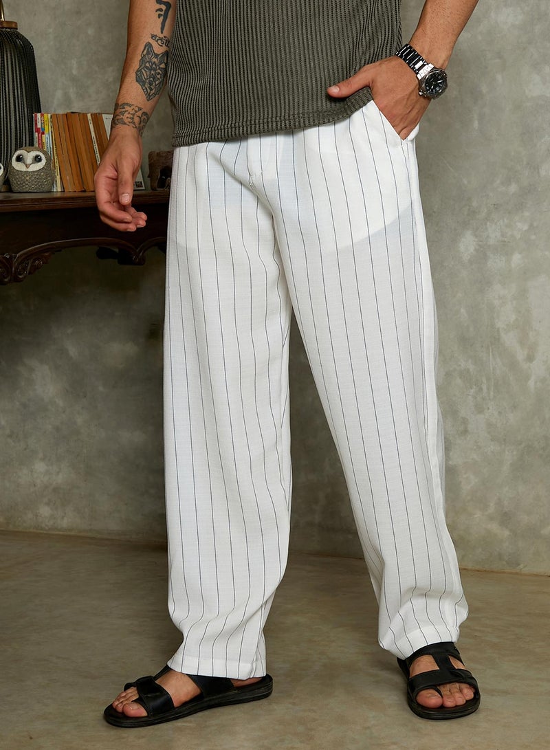 Campus Sutra Campus Sutra Men's Ivory White Pinstriped Chino Trousers For Casual Wear | Mid-Rise | Regular Fit | Drawstring Closure | Trousers Crafted With Comfort Fit For Everyday Wear  - Image 3