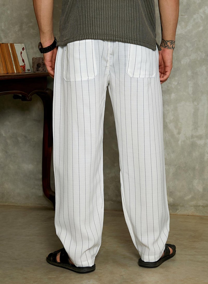 Campus Sutra Campus Sutra Men's Ivory White Pinstriped Chino Trousers For Casual Wear | Mid-Rise | Regular Fit | Drawstring Closure | Trousers Crafted With Comfort Fit For Everyday Wear  - Image 5