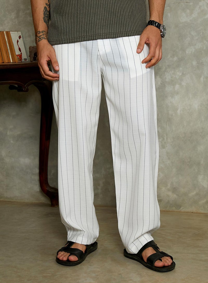 Campus Sutra Campus Sutra Men's Ivory White Pinstriped Chino Trousers For Casual Wear | Mid-Rise | Regular Fit | Drawstring Closure | Trousers Crafted With Comfort Fit For Everyday Wear  - Image 2