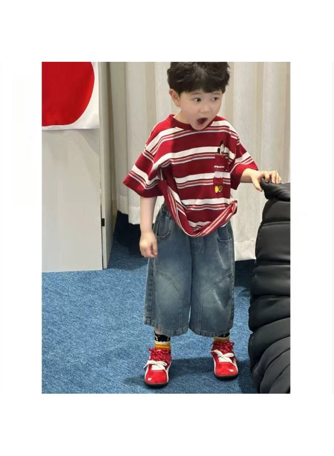Children's Summer Outfit New Stylish Striped Mickey T-shirt Fashion 3d Embroidered Denim Shorts Two-piece Set Trendy