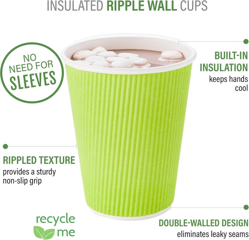Restaurantware 12 oz Eco Green Paper Coffee Cup - Ripple Wall - 3 1/2" x 3 1/2" x 4 1/4" - 25 Count Box - Image 4