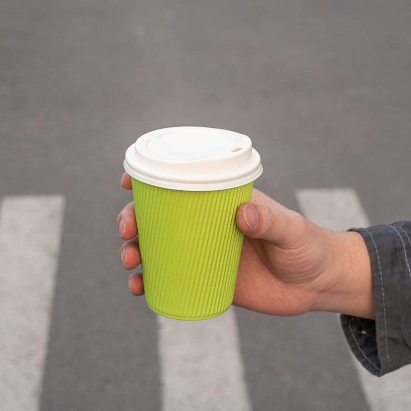 Restaurantware 12 oz Eco Green Paper Coffee Cup - Ripple Wall - 3 1/2" x 3 1/2" x 4 1/4" - 25 Count Box - Image 5