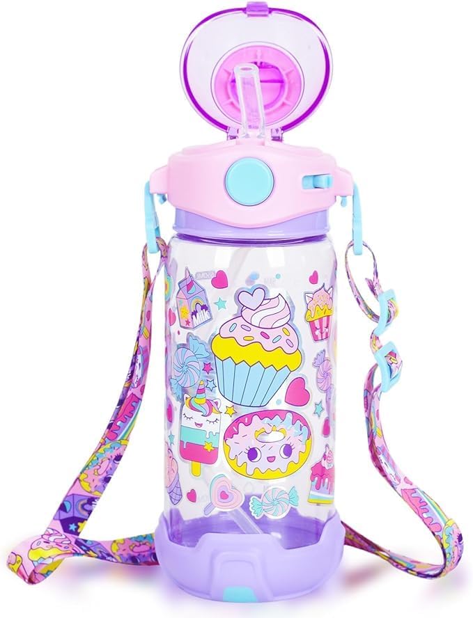 Kids Candy and Dessert Theme Water Bottle with Flip-Top Lid and Straw - Image 1