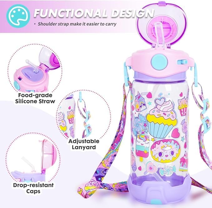 Kids Candy and Dessert Theme Water Bottle with Flip-Top Lid and Straw - Image 3