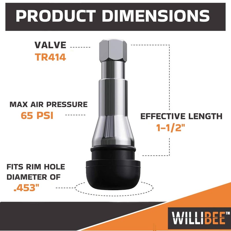 WILLIBEE TR414 Tyre Valve Stem Brass, EPDM Rubber & Chrome Alloy Tubeless Tire Valve Stem for Car (CTR414-50Pcs) - Image 2