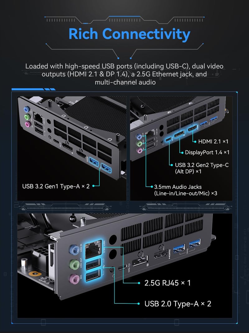 MINISFORUM لوحة أم كمبيوتر مصغر MINISFORUM BD895i SE بمعالج AMD Ryzen 9 8945HX (16C/32T) للألعاب بدون RAM/SSD/OS، 2X DDR5 SODIMM، 2X PCIe4.0 SSD، فتحة M.2 2230 مفتاح E، مخرجات فيديو ثلاثية HDMI+DP+USB-C - Image 5