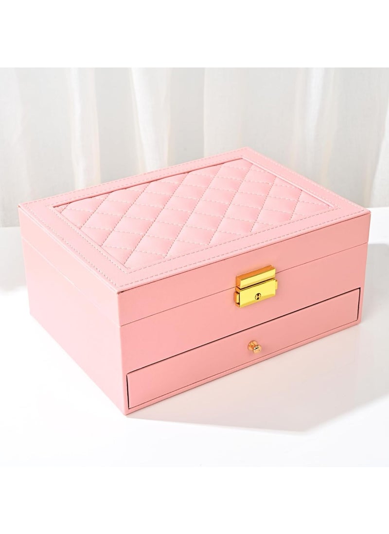 General Jewelry storage box, pink jewelry storage box, jewelry storage box and two-layer display box, large PU leather jewelry rack box, used for earrings, bracelets, rings, watches  - Image 1