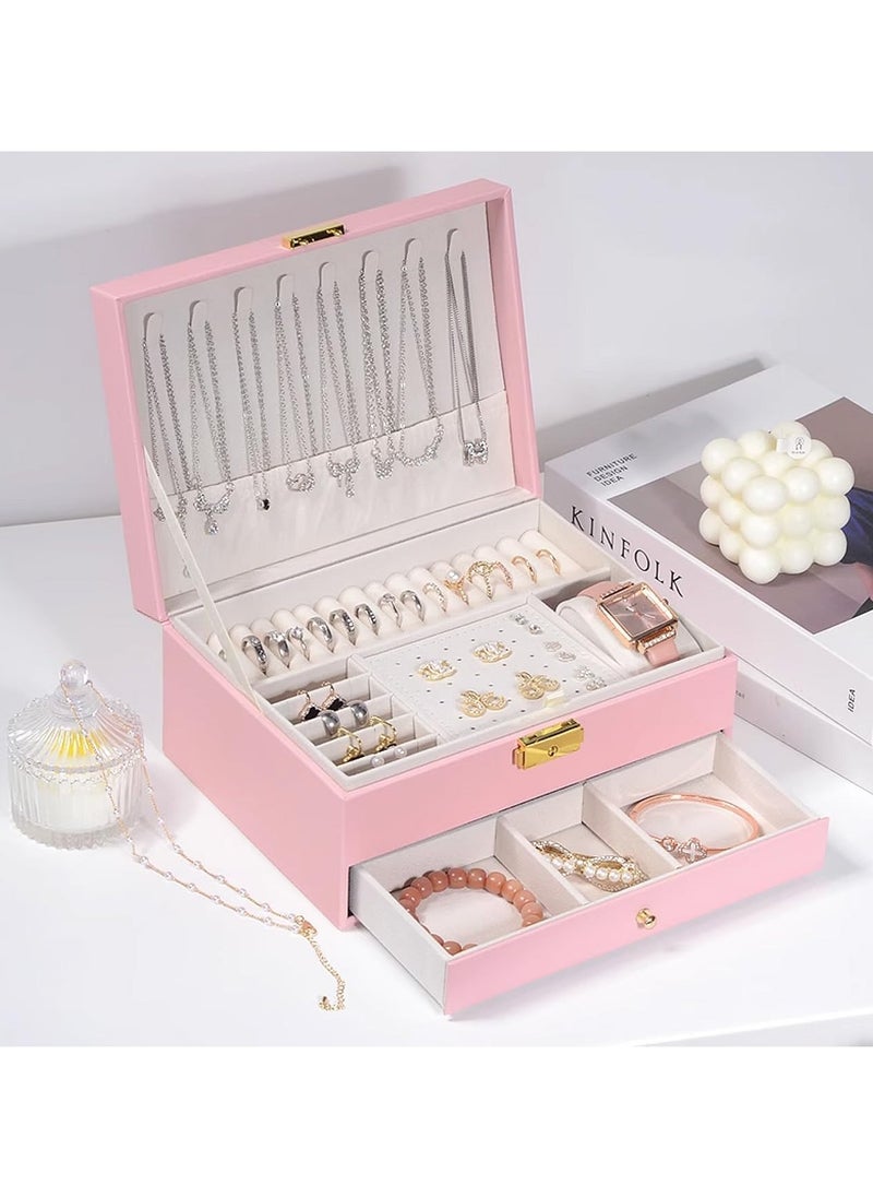 General Jewelry storage box, pink jewelry storage box, jewelry storage box and two-layer display box, large PU leather jewelry rack box, used for earrings, bracelets, rings, watches  - Image 2