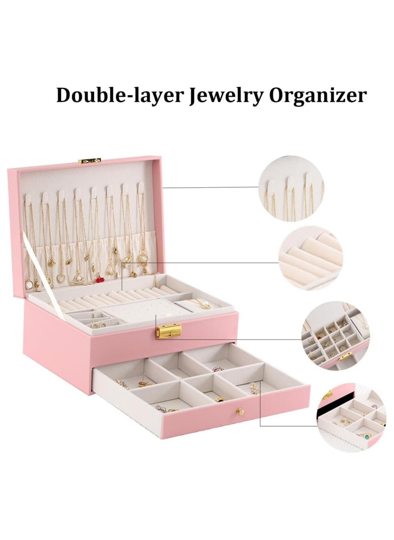 General Jewelry storage box, pink jewelry storage box, jewelry storage box and two-layer display box, large PU leather jewelry rack box, used for earrings, bracelets, rings, watches  - Image 3