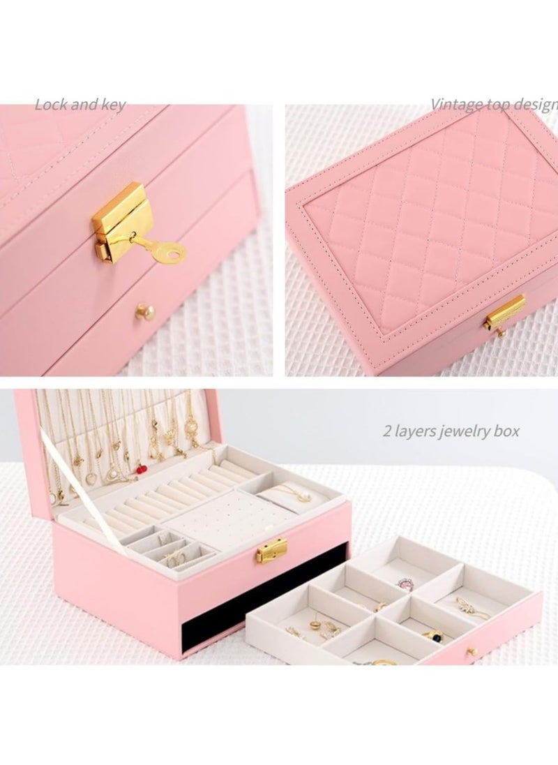 General Jewelry storage box, pink jewelry storage box, jewelry storage box and two-layer display box, large PU leather jewelry rack box, used for earrings, bracelets, rings, watches  - Image 5