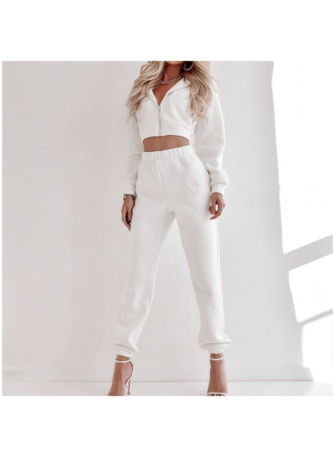 NIBEMINENT Autumn  Sports Suit Women Fashion Solid Color Hooded Long Sleeve Zipper Short Sweatshirt High Waist Trousers Two Piece Set - Image 1