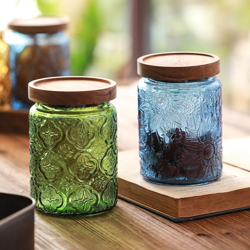 ANSQU Vintage 23.7oz Glass Mason Jar with Solid Wood Lid - Decorative Storage Canister for Tea, Coffee, Cookies, Candy, Bath Salts, Laundry Detergent - Kitchen & Bathroom Organizer (Blue, 1 Pack) - Image 4