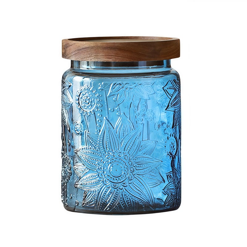 ANSQU Vintage 23.7oz Glass Mason Jar with Solid Wood Lid - Decorative Storage Canister for Tea, Coffee, Cookies, Candy, Bath Salts, Laundry Detergent - Kitchen & Bathroom Organizer (Blue, 1 Pack) - Image 1