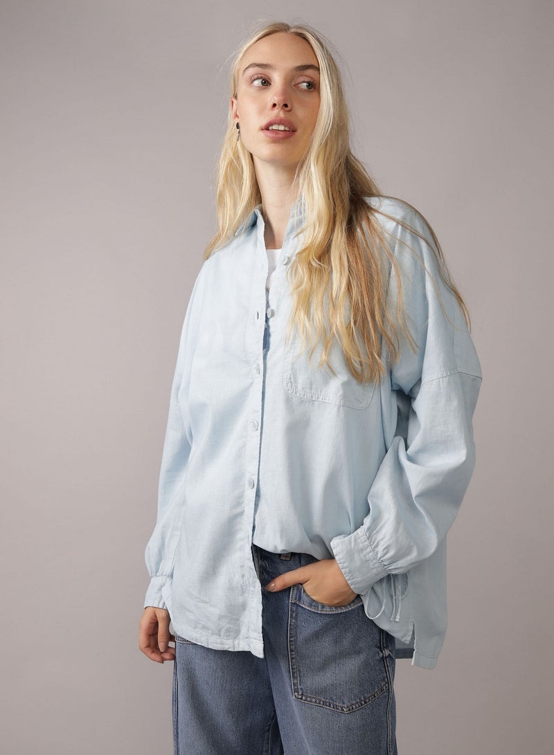 American Eagle AE Go Big Linen-Blend Oversized Tie Sleeve Shirt - Image 1