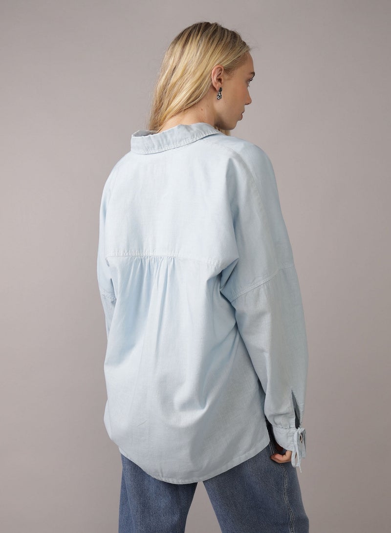 American Eagle AE Go Big Linen-Blend Oversized Tie Sleeve Shirt - Image 4