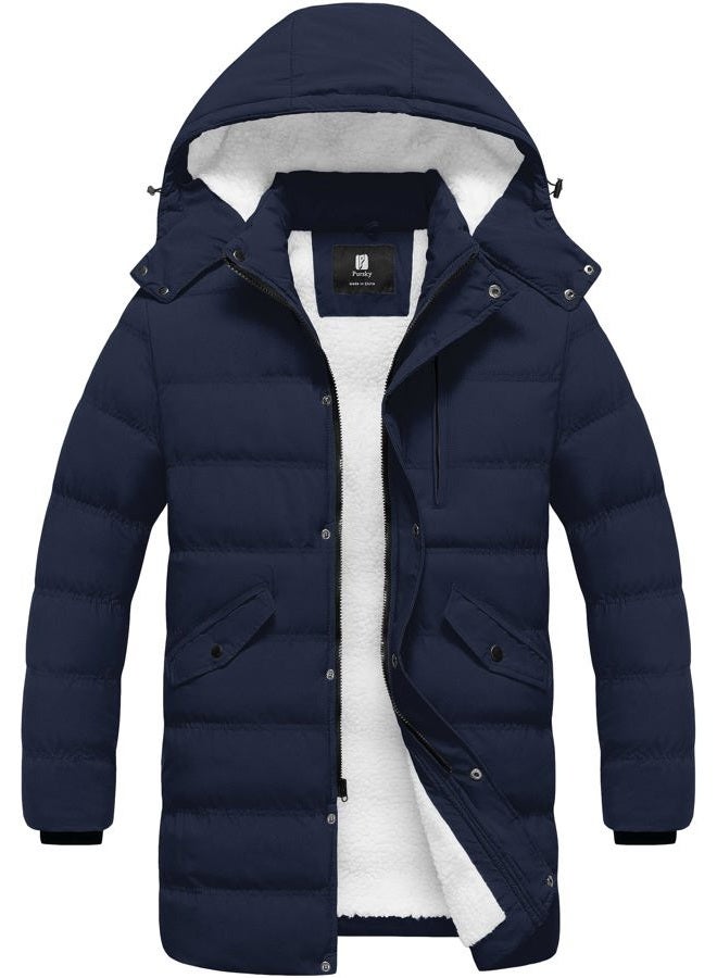 Pursky Men's Long Winter Coat Warm Sherpa Lined Quilted Puffer Jacket Waterproof Thicken Puffy Parka with Hood, Navy Blue, S - Image 1