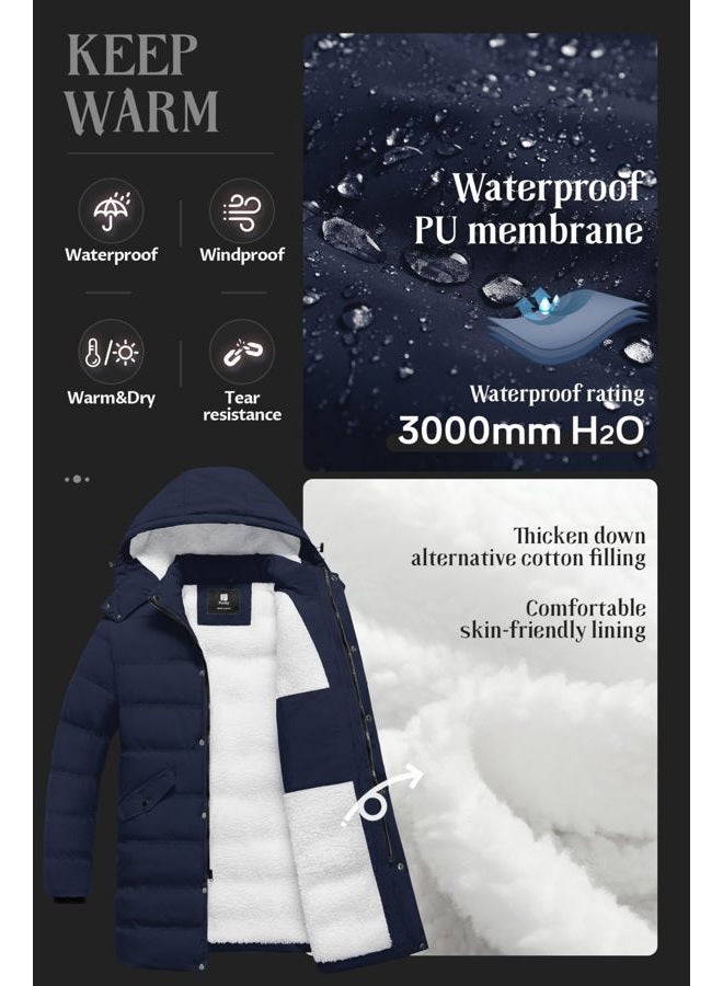 Pursky Men's Long Winter Coat Warm Sherpa Lined Quilted Puffer Jacket Waterproof Thicken Puffy Parka with Hood, Navy Blue, S - Image 4