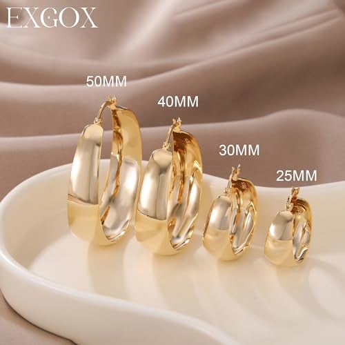 EXGOX Gold Hoop Earrings for Women Sterling Silver Post Hoops Earrings for Women Wide Thick Silver Hoop Earrings Hypoallergenic Lightweight 14k Real Gold Plated Hoop Large Earrings (25/30/40/50MM) - Image 3