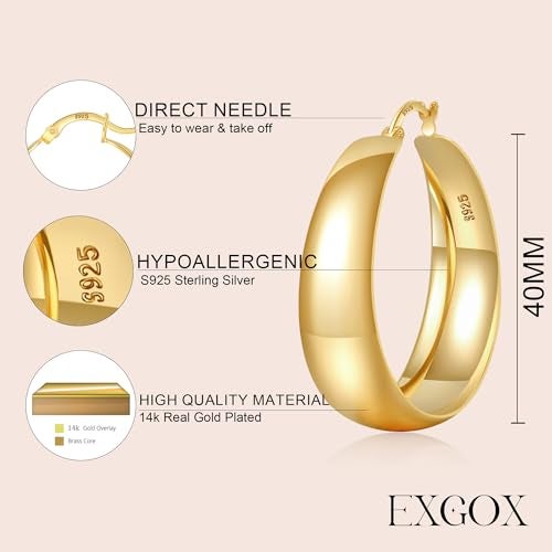 EXGOX Gold Hoop Earrings for Women Sterling Silver Post Hoops Earrings for Women Wide Thick Silver Hoop Earrings Hypoallergenic Lightweight 14k Real Gold Plated Hoop Large Earrings (25/30/40/50MM) - Image 2