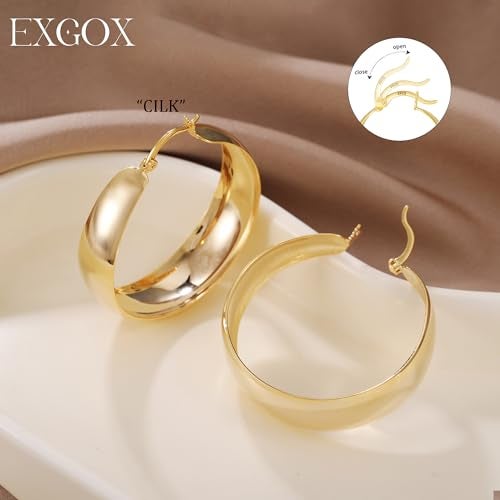 EXGOX Gold Hoop Earrings for Women Sterling Silver Post Hoops Earrings for Women Wide Thick Silver Hoop Earrings Hypoallergenic Lightweight 14k Real Gold Plated Hoop Large Earrings (25/30/40/50MM) - Image 4