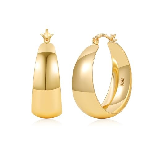 EXGOX Gold Hoop Earrings for Women Sterling Silver Post Hoops Earrings for Women Wide Thick Silver Hoop Earrings Hypoallergenic Lightweight 14k Real Gold Plated Hoop Large Earrings (25/30/40/50MM) - Image 1