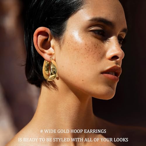 EXGOX Gold Hoop Earrings for Women Sterling Silver Post Hoops Earrings for Women Wide Thick Silver Hoop Earrings Hypoallergenic Lightweight 14k Real Gold Plated Hoop Large Earrings (25/30/40/50MM) - Image 5