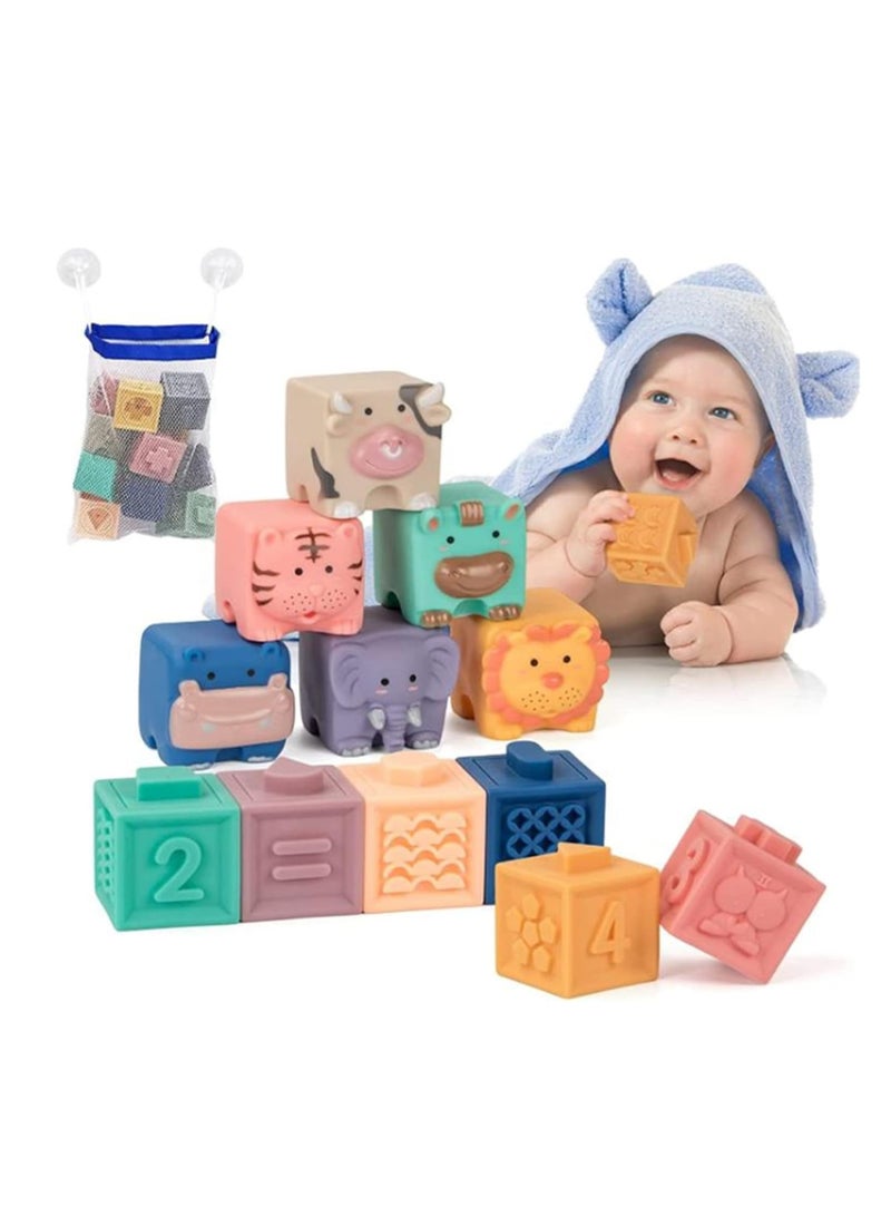 Raxoom Baby Blocks Toys Soft Stacking Blocks Montessori Learning Babies Infant Teething Chewing Toy, Squeeze Sensory Toys, Bath Toy for Toddler Baby Girl Boy with Suction Cup Storage Bag - Image 1