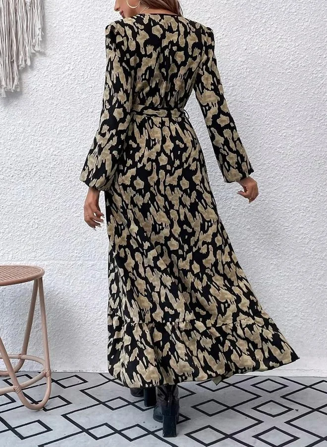 تايك تو Women's Allover Printed V Neck Long Sleeve Midi Dress
