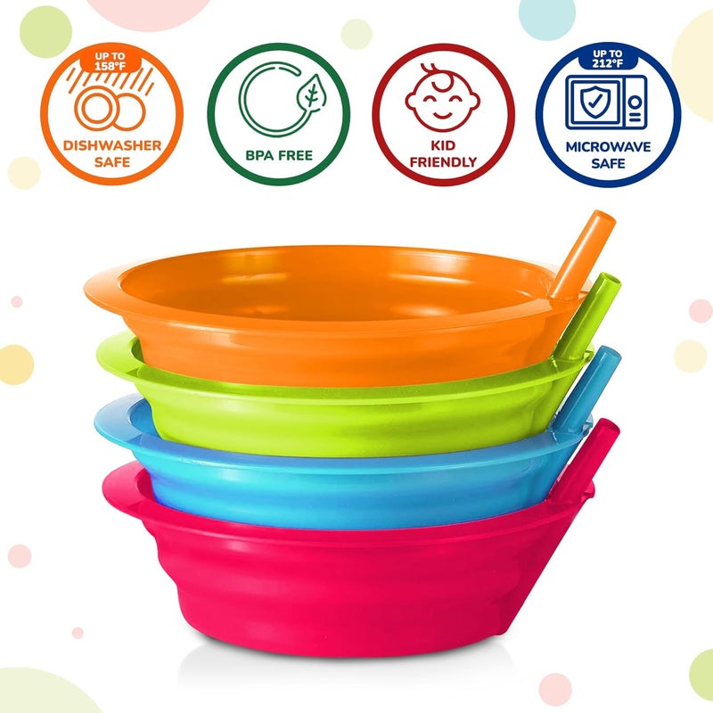 PLASKIDY Kids Cereal Bowls with Straws  Set of 6 Plastic Bowl with Straw For kids BPA Free Dishwasher and Microwave Safe  22 Oz Toddlers Bowls with BuiltIn Straws Includes 3 Cleaning Brushes - Image 2
