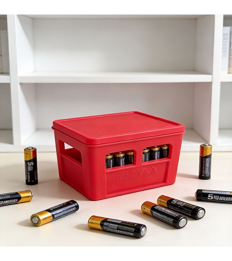 Red Battery Storage Case For Crate Style Battery Organizer Stackable Plastic Desktop Holder Large Capacity Multi Functional Hardware Bin Durable Anti Drop Portable Home Garage Office Container - Image 4